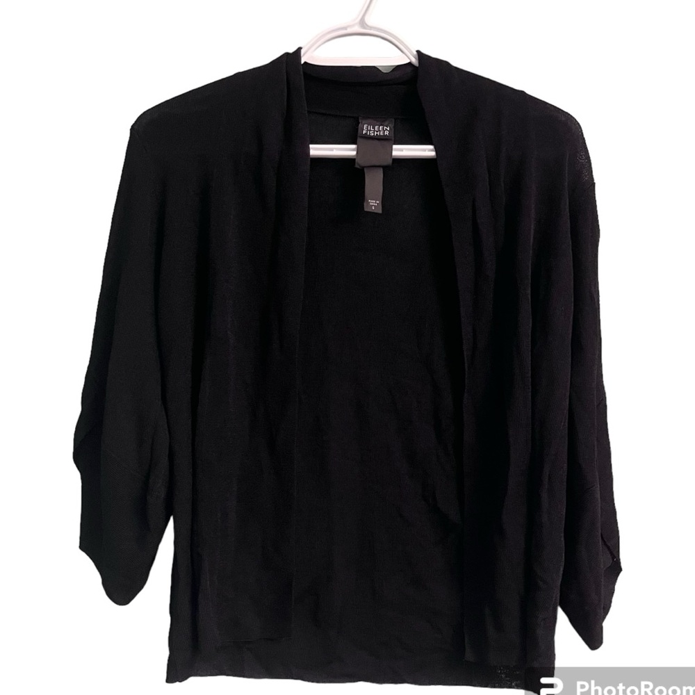 Eileen Fisher Cropped Black Half-Sleeve Cardigan Size Small